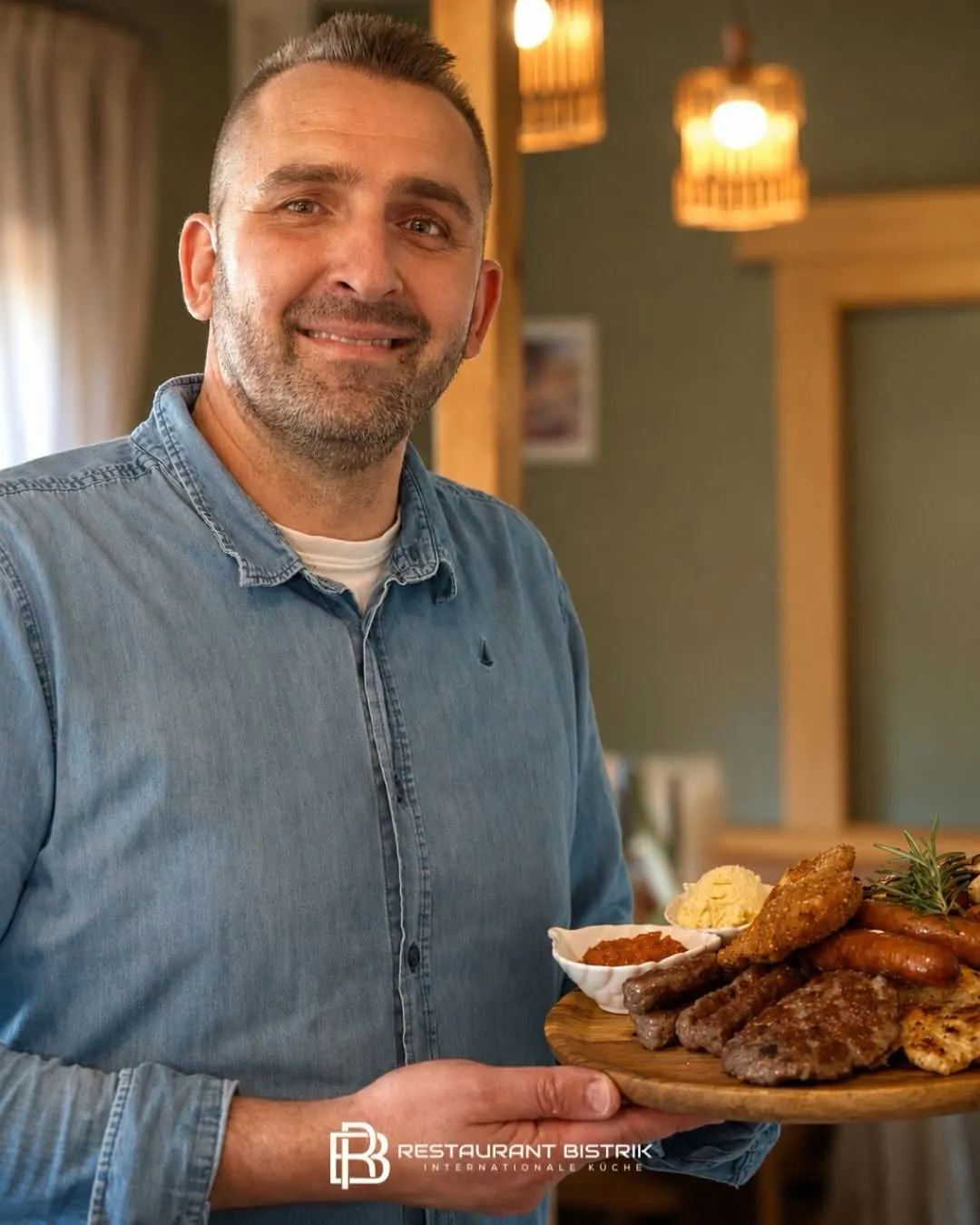 Küchenchef mit Grillplatte im Restaurant Bistrik